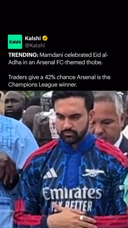 Zohran Mamdani celebrated Eid al-Adha this weekend wearing an Arsenal FC-themed thobe, drawing attention online as photos spread across social media. 

Arsenal remains one of the favorites to win next season’s Champions League, with traders currently giving the club a 42% chance to lift the trophy.