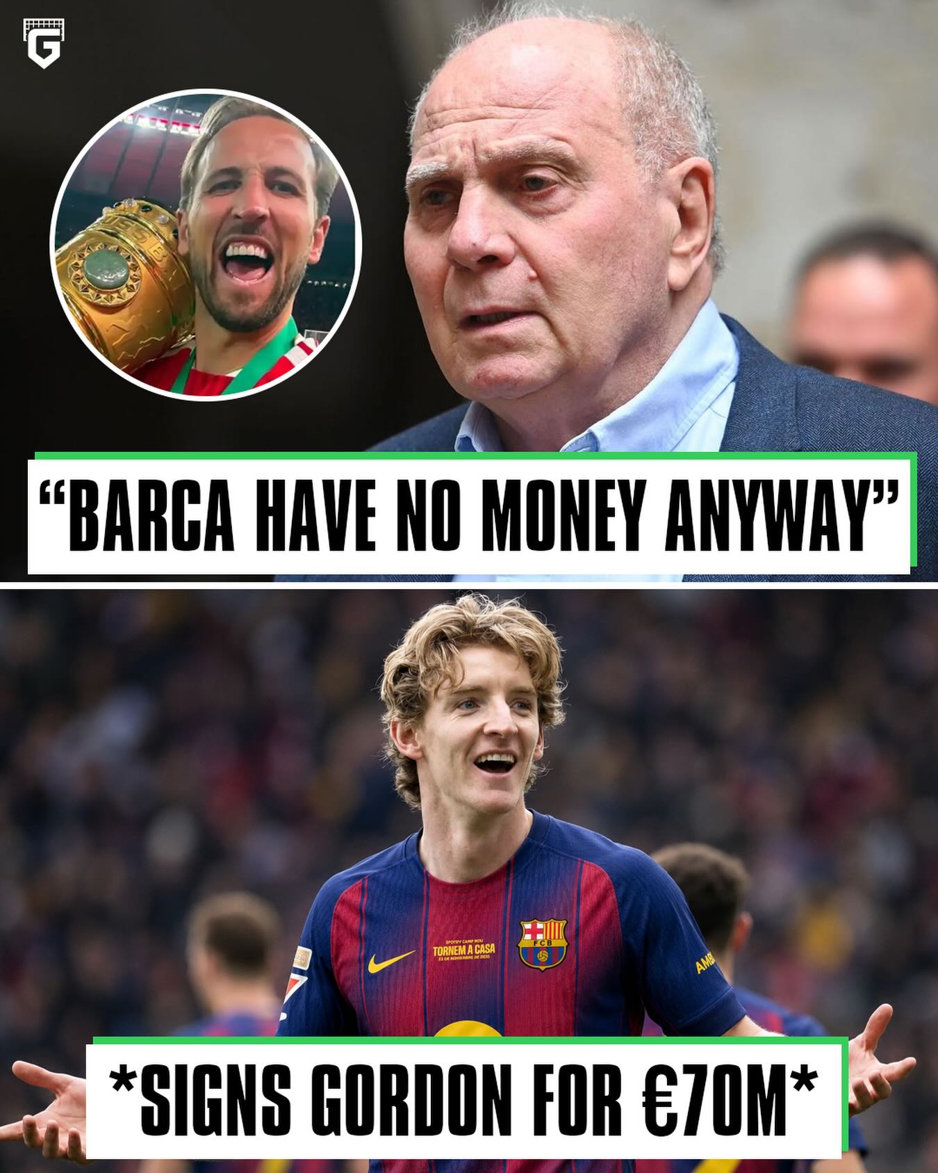 Bayern Munich president Uli Hoeneß took shots at Barça in their pursuit of Anthony Gordon, who was also Bayerns top target…

🗓️ 25 May: Uli Hoeneß says “Barcelona have NO MONEY anyway” while replying to rumours about Harry Kane moving to Barça…

🗓️ 28 May: Bayern Munich’s top target Anthony Gordon joins Barça for €70M despite already having personal terms agreed with the German club…

Transfer window saga is almost as entertaining as the season 😂👏🏼