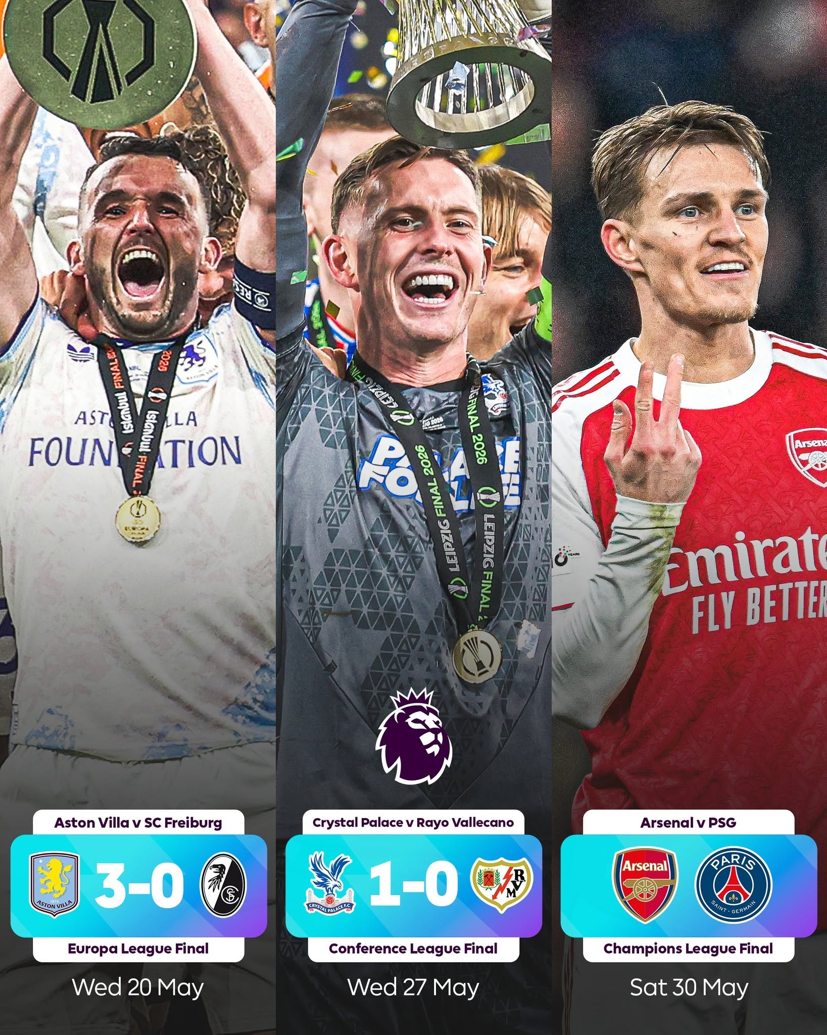 Over to you, Gunners!

✅ Europa League - @astonvilla 
✅ Conference League - @cpfc 
⏳ Champions League - @arsenal