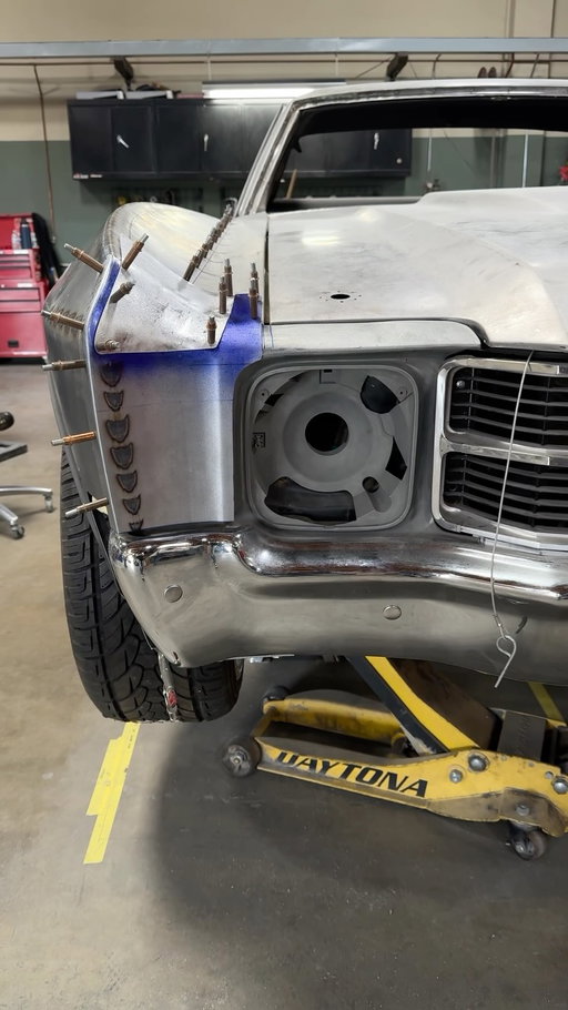 It’s going to be way more work than you might think… remember, those headlight extensions are pot metal. So  @brandongerringer has to make all that shape by hand while also tying it into the front quarter panel sheet metal. 

The @kingshocks 1972 El Camino just keeps getting better every week!