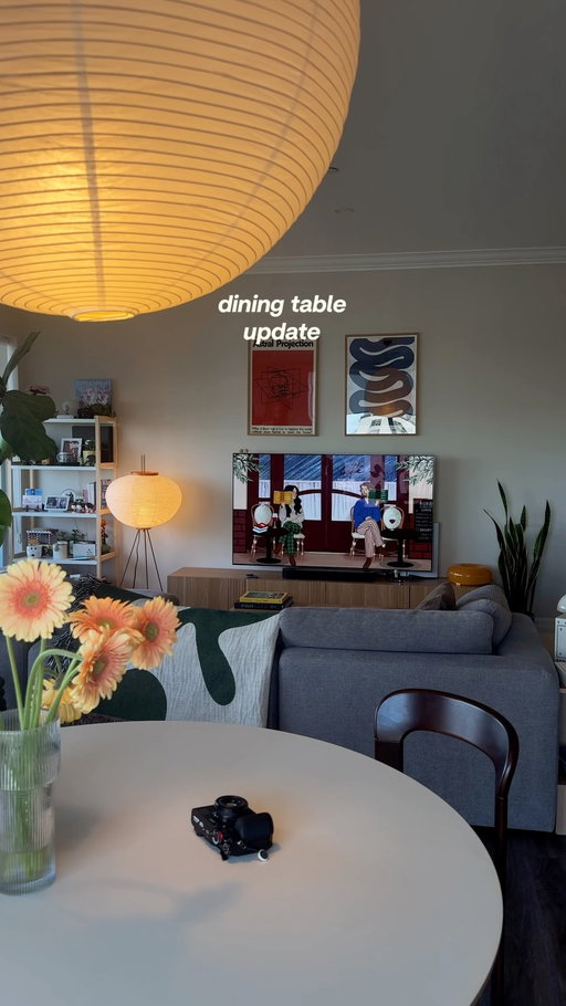 slowly coming together. swapping to a round table to maximize the space and lose the sharp corners.

still on the look out for 2 mismatch chairs 👀 

#haydesign #dwr #apartmentinspo #cozyhome #softminimal