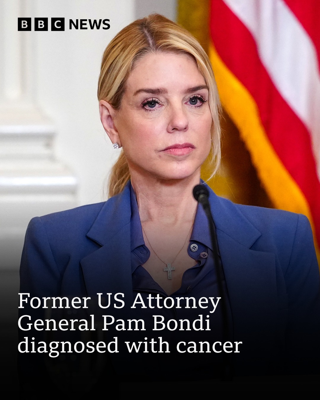 Former US Attorney General Pam Bondi, who was removed from her role last month, has been diagnosed with thyroid cancer.
 
Her diagnosis came shortly after US President Donald Trump ousted her from the post of America's top law enforcement officer, according to CBS News.
 
Bondi, 60, told CBS she is undergoing treatment, which included surgery a few weeks ago.
 
She is continuing to work despite the diagnosis, and will be joining the White House's new advisory council on AI, the Presidential Council of Advisors on Science and Technology.
 
Tap the link in @BBCNews's bio for more on this story.
 
(📷 EPA)
 
#BBCNews