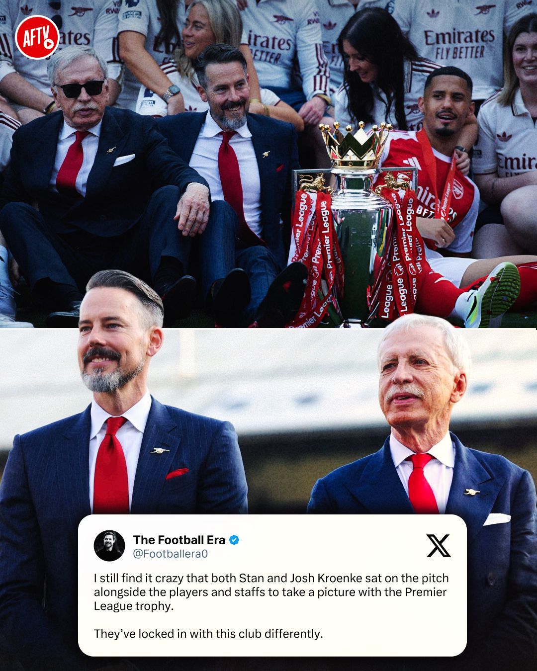 Seeing Stan and Josh Kroenke sitting right there on the pitch, side-by-side with the players and staff to lift the Premier League trophy, is absolutely surreal. 

They backed the manager, trusted the process, and now they are reaping the rewards alongside us. Ultimate respect! 👊🏆