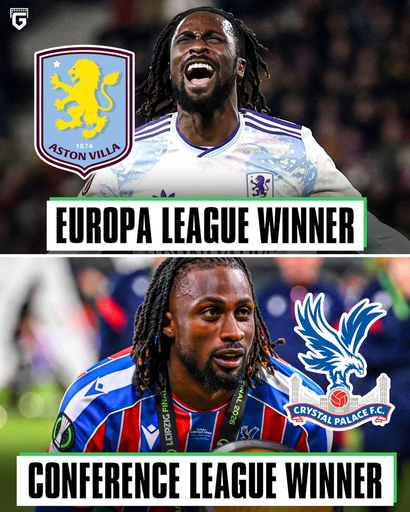 Evann Guessand won TWO European titles in the SAME season! 🏆🏆

🟠 Europa League with Aston Villa
🟢 Conference League with Crystal Palace

The striker started the season at Aston Villa and even played in Europa League matches for the club.

Then, at the end of January, he was loaned to Crystal Palace… and ended up also being part of the Conference League title campaign.

Result: he finished the season with TWO different European medals 😭🏅