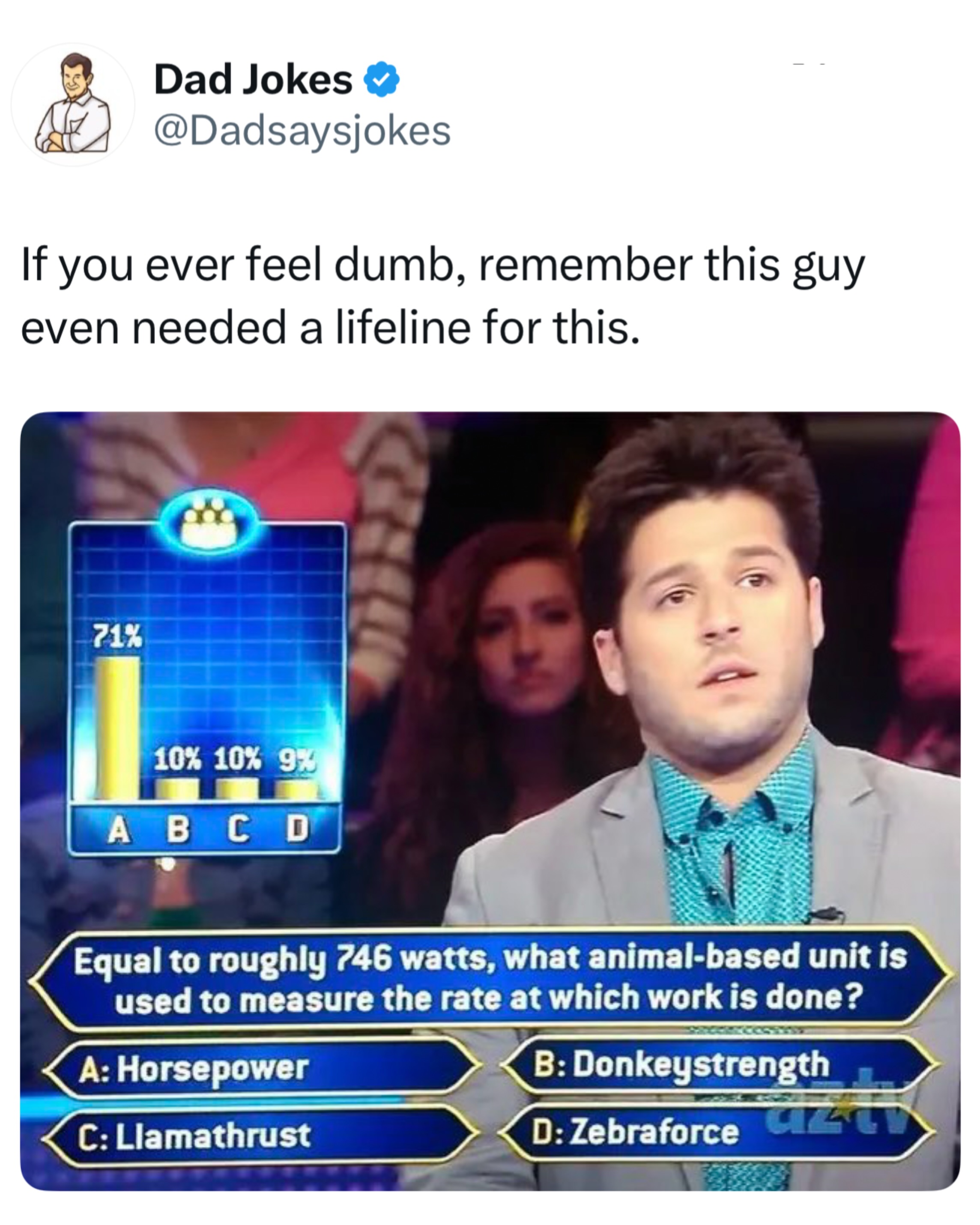 Who Wants to Be a Millionaire first started in the United Kingdom in 1998 and quickly became a worldwide phenomenon because of its dramatic presentation and huge cash prize. The show’s suspenseful atmosphere, music, and “final answer” catchphrase completely changed how modern game shows were designed.

The franchise still exists today in various countries, including periodic revivals in the United States and ongoing international versions. One fun fact is that the show became so influential it inspired the Oscar winning movie Slumdog Millionaire, which centered around a contestant appearing on the Indian version of the game show.

Like this content? Follow us for more @dadsaysjokes ❤️