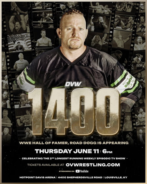 Another huge announcement for OVW 1400 🔥

WWE Hall of Famer Road Dogg is appearing Thursday, June 11 at 6PM for a historic night at OVW RISE!

One of the most charismatic voices and personalities in wrestling history is coming to celebrate 1400 episodes of OVW television.

You never know who’s gonna show up… and the hits just keep coming 👀