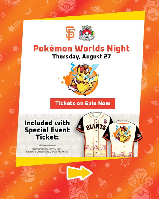 Take an evening out to the ball game for #PokemonWorlds Night at Oracle Park, in collaboration with Major League Baseball's @sfgiants! ️⚾🌎

Swing by so you don’t miss out on specially-themed activations, from a unique in-game @pokemongoapp item to a spectacular drone show to complete the night. 

📅August 27, 2026
Special Event Tickets on sale now.

More info in the link in bio!