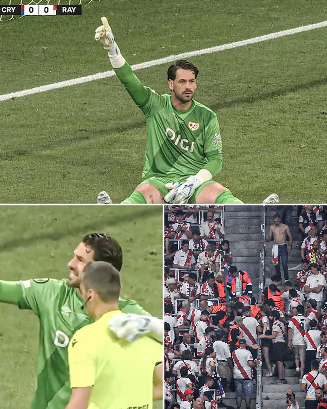Rayo Vallecano's keeper, Augusto Batalla, noticed a medical emergency in the crowd and sat down to stop play to help get the refs attention during their final against Crystal Palace 👏