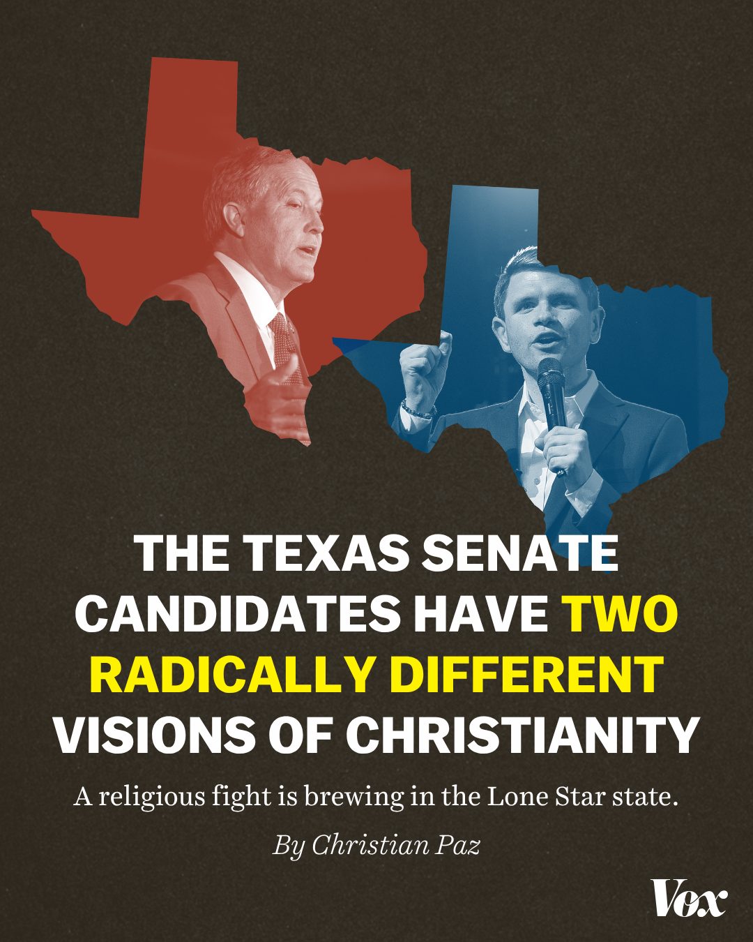 Now that Ken Paxton, the conservative attorney general of Texas, has defeated incumbent John Cornyn for the Republican Senate nomination, we may see something unusual in modern American elections: a theological throwdown.

In a closely watched and competitive race, Paxton will be facing off against James Talarico, a Presbyterian seminarian and the Democratic nominee. The race is now set to be a battle between two very different worldviews about the role of Christianity.

Talarico has centered the concept of “radical love” in his political identity and campaign platform: He wants to heal political divisions, welcome Americans who aren’t typically Democrats to his campaign, and move beyond anger toward any one person (like President Donald Trump or Paxton) toward a forward-looking agenda that goes after oligarchs, the political establishment, and the “corrupt” elite.

Paxton is solidly in the Christian nationalist camp. Generally, Christian nationalists oppose the separation of church and state; seek to make Christianity the official religion of the state; call for Biblical morality to determine the law; and argue that the United States has God’s unique blessing among other nations.

He has made a name for himself as a proponent of an aggressive form of religious liberty, arguing not just that the state should pull back and cede space to the faithful, but that the state should actively promote a specific version of Christian ethics and morality. He supported efforts to bring Christian prayer and Scripture into public schools, to set aside time for Bible readings and prayers, and to display the Ten Commandments on public property.

Read more about why the Paxton-Talarico race is partly a referendum on what Christians will tolerate as Christian-like behavior at the link in our bio. 

📸: Antranik Tavitian/Bloomberg via Getty Images, Mark Felix/Bloomberg via Getty Images and Danielle Villasana/Getty Images