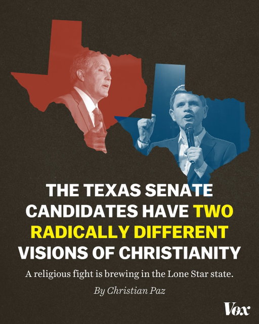 Now that Ken Paxton, the conservative attorney general of Texas, has defeated incumbent John Cornyn for the Republican Senate nomination, we may see something unusual in modern American elections: a theological throwdown.

In a closely watched and competitive race, Paxton will be facing off against James Talarico, a Presbyterian seminarian and the Democratic nominee. The race is now set to be a battle between two very different worldviews about the role of Christianity.

Talarico has centered the concept of “radical love” in his political identity and campaign platform: He wants to heal political divisions, welcome Americans who aren’t typically Democrats to his campaign, and move beyond anger toward any one person (like President Donald Trump or Paxton) toward a forward-looking agenda that goes after oligarchs, the political establishment, and the “corrupt” elite.

Paxton is solidly in the Christian nationalist camp. Generally, Christian nationalists oppose the separation of church and state; seek to make Christianity the official religion of the state; call for Biblical morality to determine the law; and argue that the United States has God’s unique blessing among other nations.

He has made a name for himself as a proponent of an aggressive form of religious liberty, arguing not just that the state should pull back and cede space to the faithful, but that the state should actively promote a specific version of Christian ethics and morality. He supported efforts to bring Christian prayer and Scripture into public schools, to set aside time for Bible readings and prayers, and to display the Ten Commandments on public property.

Read more about why the Paxton-Talarico race is partly a referendum on what Christians will tolerate as Christian-like behavior at the link in our bio. 

📸: Antranik Tavitian/Bloomberg via Getty Images, Mark Felix/Bloomberg via Getty Images and Danielle Villasana/Getty Images