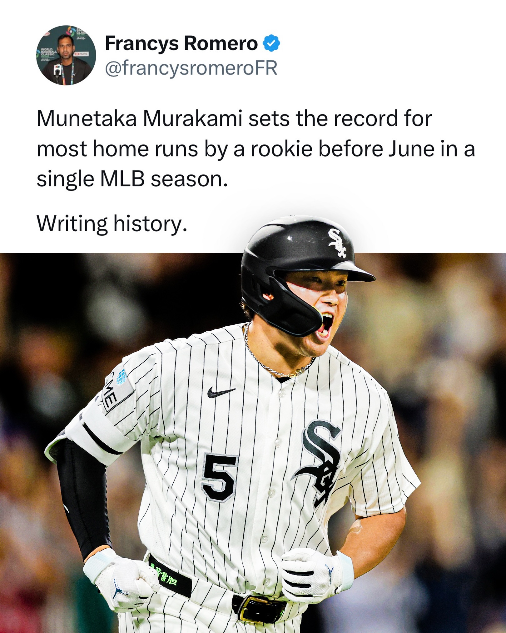 “I HAVE POWER” 💥 White Sox rookie Munetaka Murakami became the first AL player to reach 20 home runs this season. 

He’s gone yard 20 times in his first 55 games, setting a new MLB record for the most homers by a rookie before the month of June in the modern era. This historic start to his rookie campaign has already been turned into new trading cards! 👀

Collectors who purchase the base edition of the card will have a chance to receive this ultra-rare autographed copy with their order! 🔗 Link in stories to purchase.