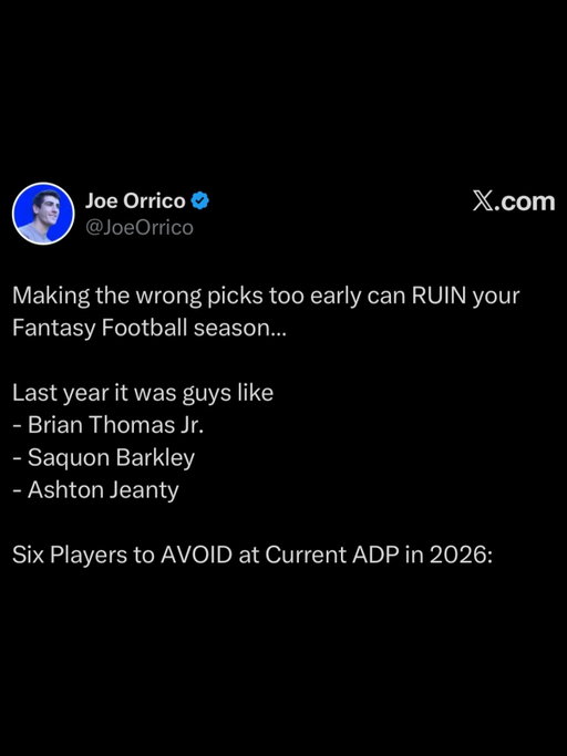 Making the wrong picks too early can RUIN your Fantasy Football season…

Last year it was guys like
- Brian Thomas Jr.
- Saquon Barkley
- Ashton Jeanty

Six Players to AVOID at Current ADP in 2026:

Christian McCaffrey
- 1.05 ADP

Only Two of the Last THIRTEEN RB Touch Leaders Have Finished Top 12 the Following Season (CMC 2025).

No RB Has EVER Repeated as PPR RB1 Overall in Back-to-Back Years.

Would Prefer
- Amon-Ra St. Brown
- Justin Jefferson

De’Von Achane
- 1.12 ADP

Dolphins Projected 4.5 Wins This Year.

Current Worst Offense in The NFL.
Most Likely Worst Overall Team, Too.

Best Fantasy Season Finish is RB5.
Buying at Ceiling.

Would Prefer
- Saquon Barkley
- Ashton Jeanty
- Chase Brown

Drake London
- 2.08 ADP

Four Years in League
- One Top 18 WR Season Finish

62 Career Games Played
- 14 Total Top 12 WR Weeks

Awful QBs
- Michael Penix
- Tua Tagovailoa

High Weekly Ceiling.

Would Prefer
- George Pickens
- Jeremiyah Love
- Nico Collins

Breece Hall
- 3.08 ADP

19 Career Games When
- Braelon Allen Had 10%+ Snaps
- AND Isaiah Davis Had 10%+ Snaps

In Those Games, Breece Averages
- 42% RB25 or Worse Rate
- 13.8 Fantasy Points

Would Prefer
- Javonte Williams
- Emeka Egbuka
- Cam Skattebo

DJ Moore
- 4.08 ADP

29 Year Old WR on His Third Team in Five Years…

Fresh Off WR35 Season Finish Through 17 Games Played…

To Buffalo Who is Famous for No WR1…

Genuinely SHOCKING ADP.

Would Prefer
- Quinshon Judkins
- Ladd McConkey
- Tyler Warren

Jameson Williams
- 5.08 ADP

Expensive Draft Price for Such Low Floor…

Last Year
- Week 7: 0.0 FPts on 85% Snaps
- Week 12: 0.0 FPts on 97% Snaps

Ceiling is Nuclear, But…
Inconsistent.

Would Prefer
- Bhayshul Tuten
- Terry McLaurin
- Rome Odunze

#fantasyfootball #nfl #fantasyfootballadvice #fantasyfootball2026 #fantasyfootballdrafts