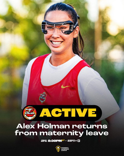 Alex Holman is active for tonight’s first Maryland Charm game! 🙌

The @wllcharm attacker returns to the field tonight after 7 months of maternity leave. 

8:30PM ET on the ESPN App.