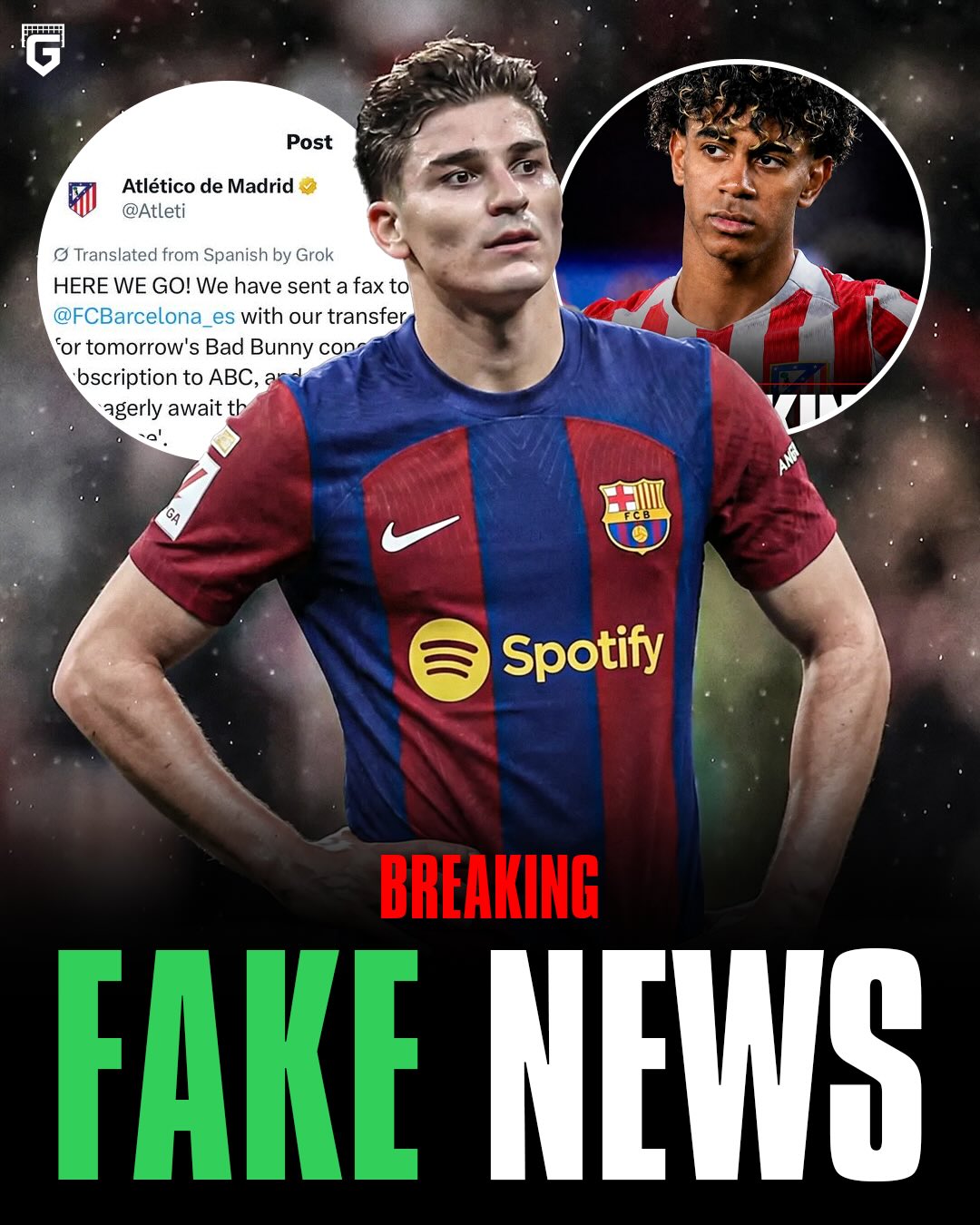 Atletico Madrid have came out publicly claiming that all the Julian Alvarez transfer rumors are FAKE, emphasizing how easy it is to fake stories as such 😳

Atleti on X: “HERE WE GO! We have sent a fax to FC Barcelona with our transfer offer: 4 tickets for tomorrow’s Bad Bunny concert, an annual subscription to ABC, and a bag of sunflower seeds. We eagerly await the response to prepare the ‘announcement’

They even went as far as to create fake Fabrizio Romano transfer graphics for Lamine Yamal, Pedri, and Raphinha 😅