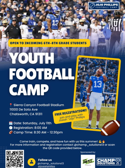 Excited to give back to the next generation of athletes. 🏈

Join us on July 11th for a FREE Youth Football Camp designed for incoming 6th–8th grade students. Come ready to learn, compete, and have fun!

Spots are limited—register now through the link in bio. See you on the field! 💙