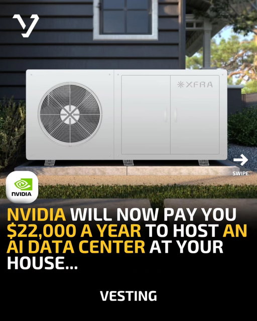 Nvidia will now pay you $22,000 a year to host an AI data center at your house!

Span, a Bay Area startup backed by Nvidia, built a unit called the XFRA node. It looks like an AC unit and bolts onto the side of your house. Inside are 16 Nvidia Blackwell GPUs and Dell servers.

The node taps into your home's unused electrical capacity and connects to a national network of other Span nodes. AI cloud providers pay to run inference workloads across the network. Each home becomes a tiny piece of a distributed data center.

In exchange, homeowners get free electricity, free internet and node-share payments. Span pitches the total value at around $22,000 a year per home.

AI's biggest bottleneck is power. Instead of building more centralized hyperscale data centers, Nvidia is betting on a distributed network of homes. Span has also partnered with PulteGroup, the third-largest US homebuilder, to pre-install nodes in new homes across 1,043 active communities.

Subscribe to the Vesting daily for more stories like this: vesting.beehiiv.com/subscribe

#ai #nvidia #future