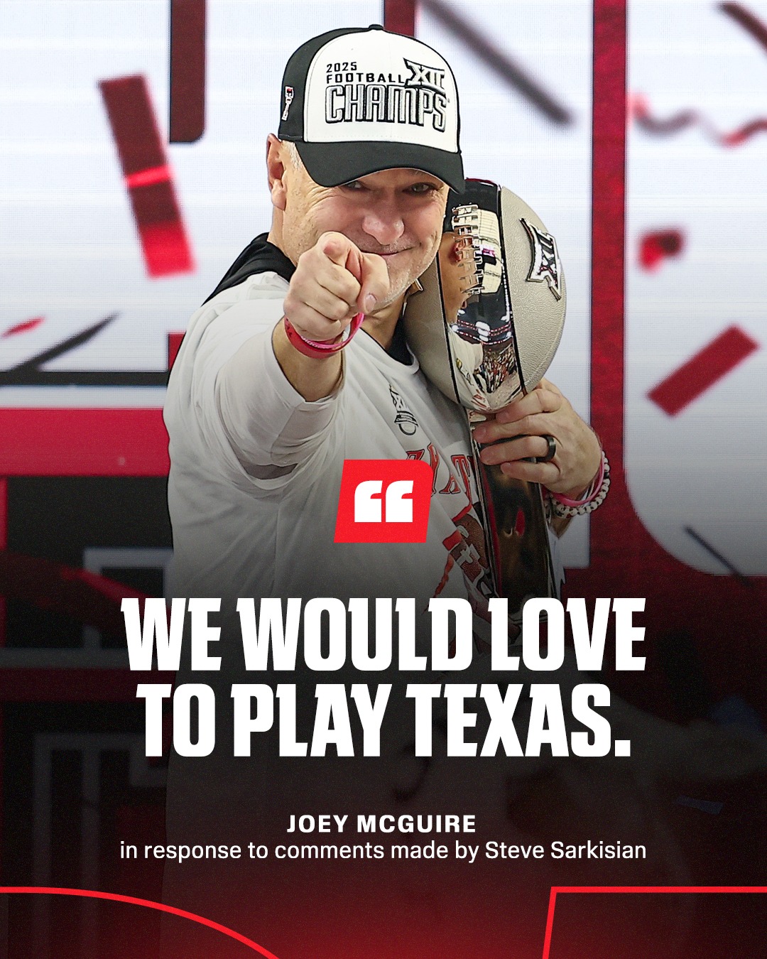 Texas Tech head coach Joey McGuire responded to comments made by Texas head coach Steve Sarkisian, offering offering to buy out games against Texas State and Abilene Christian to make room on the schedule.

Link in bio for more 🔗