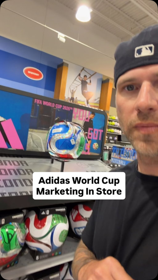 Adidas World Cup Marketing In Store: a retail walk thru in Dick’s Sporting Goods.
An official sponsor of the World Cup, adidas can do more & say more about the event. Interesting distribution on display here as they don’t carry official jerseys, but have lifestyle inspired elements- a big business driver (& more accessible) for apparel companies.