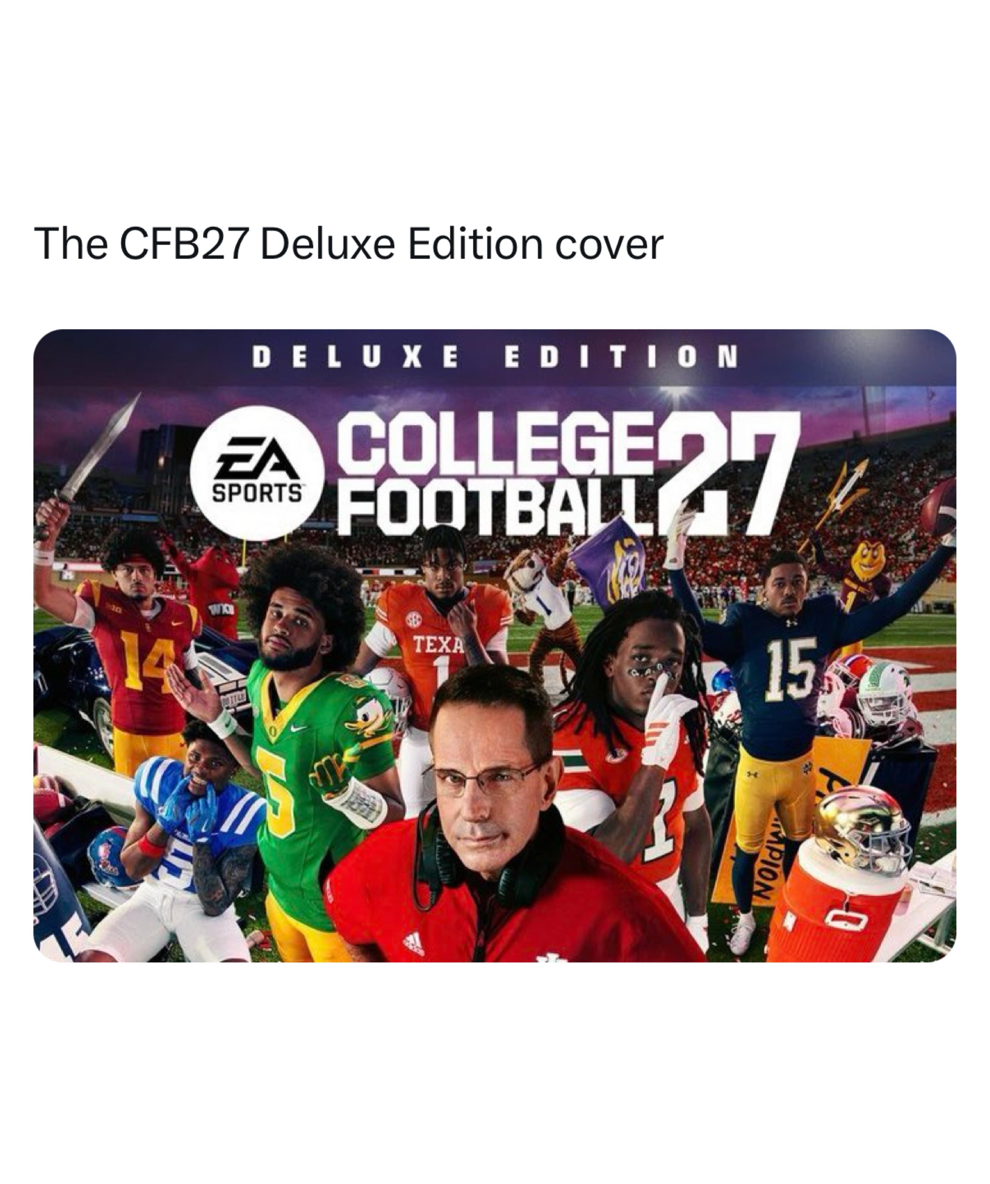 The College Football 27 Deluxe Edition cover has been leaked 😳

It features Curt Cignetti, Malachi Toney, Dante Moore, Leonard Moore, Kewan Lacy, Jayden Maiava, and Colin Simmons.

If they keep the multiple-player theme like CFB25 and CFB26, it appears Oregon’s Dante Moore and Miami’s Malachi Toney could be the Standard Edition true cover athletes.