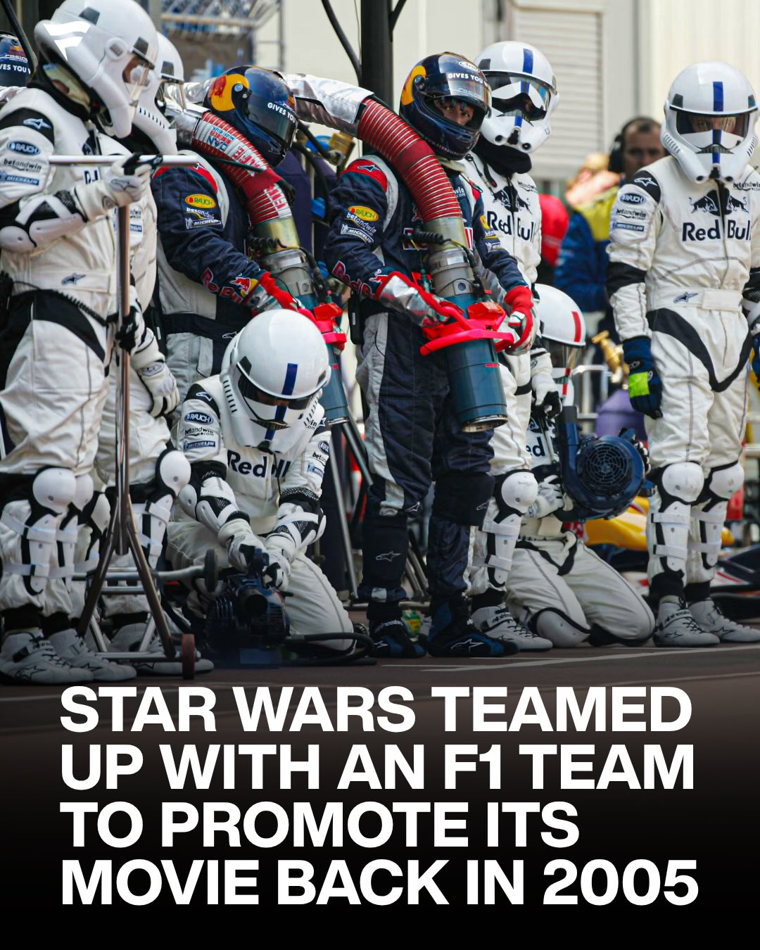 The pit crew got replaced by Stormtroopers 😅

To promote the release of Revenge of the Sith in 2005, Red Bull Racing completely transformed itself for the Monaco Grand Prix.

The team’s cars featured special Star Wars-themed liveries with characters like Darth Vader, while mechanics traded their usual uniforms for Stormtrooper-inspired outfits in the pit lane. George Lucas also attended the event alongside Darth Vader, Chewbacca, and other characters from the film.

The movie premiered on May 19, 2005, and Red Bull rolled out the promotion during Monaco race weekend, creating one of the most memorable movie tie-ins in Formula 1 history.