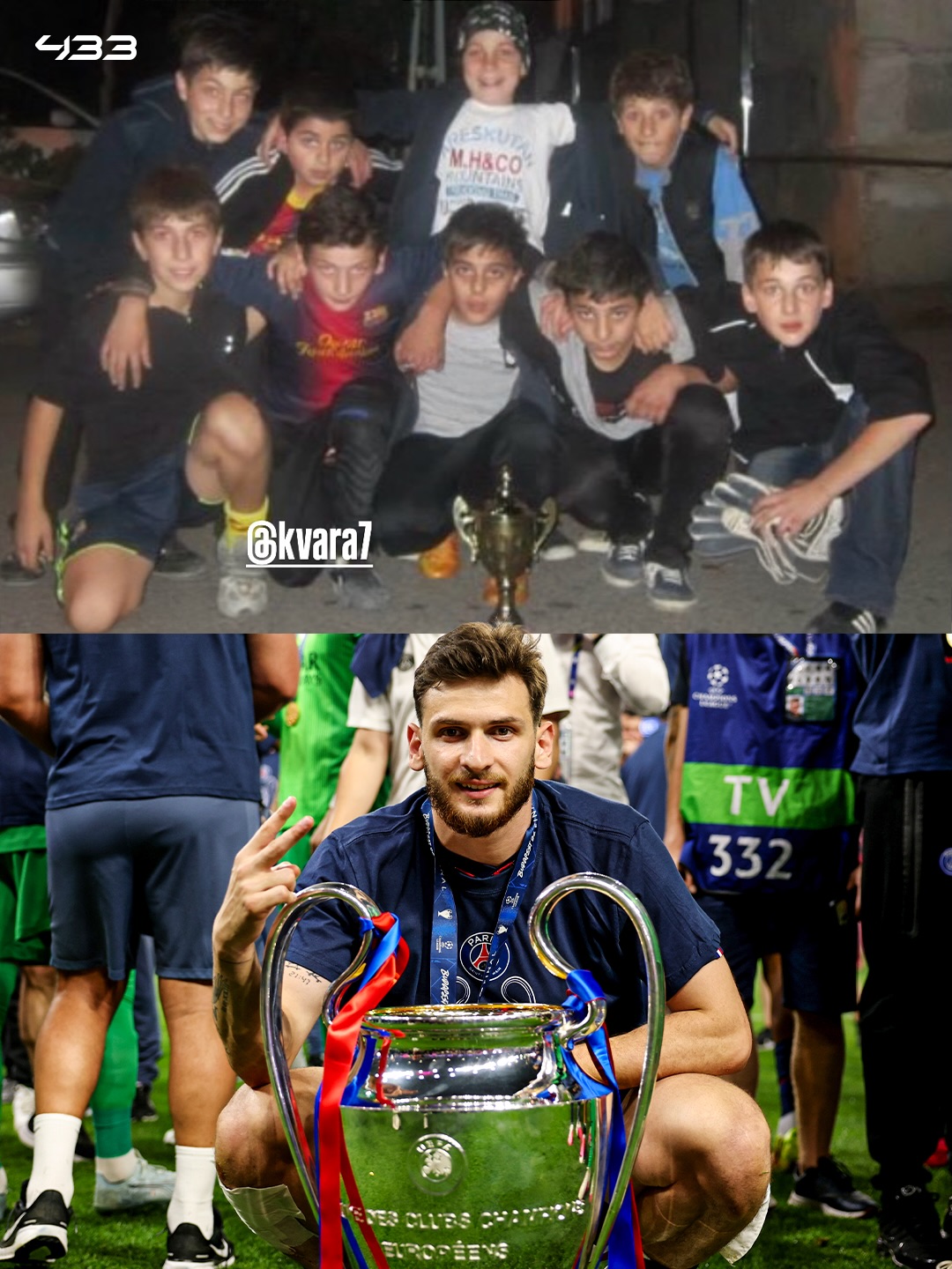 "From this small cup to two Champions League titles" 🥹🏆

At just 17, Khvicha Kvaratskhelia left everything behind in Georgia and moved to Russia to chase his dream of becoming a professional footballer. ✈️

He sacrificed everything, but giving up was never an option.

Every day, seeing his 𝒇𝒂𝒎𝒊𝒍𝒚 𝒏𝒂𝒎𝒆 on the back of his shirt reminded him why he was doing it, as he told The Players' Tribune. 💪

Then one day, his life changed completely when Napoli called. 📞

He moved there and helped them win the Scudetto for the 𝐟𝐢𝐫𝐬𝐭 𝐭𝐢𝐦𝐞 𝐢𝐧 𝟑𝟑 𝐲𝐞𝐚𝐫𝐬. 🏆

He led Georgia to their 𝐟𝐢𝐫𝐬𝐭-𝐞𝐯𝐞𝐫 EURO qualification. 🇬🇪

And at PSG, he completed football, winning 𝐁𝐀𝐂𝐊-𝐓𝐎-𝐁𝐀𝐂𝐊 Champions League titles. 🏆🏆

It all started with that small cup... 

Never give up on your dreams. 👏