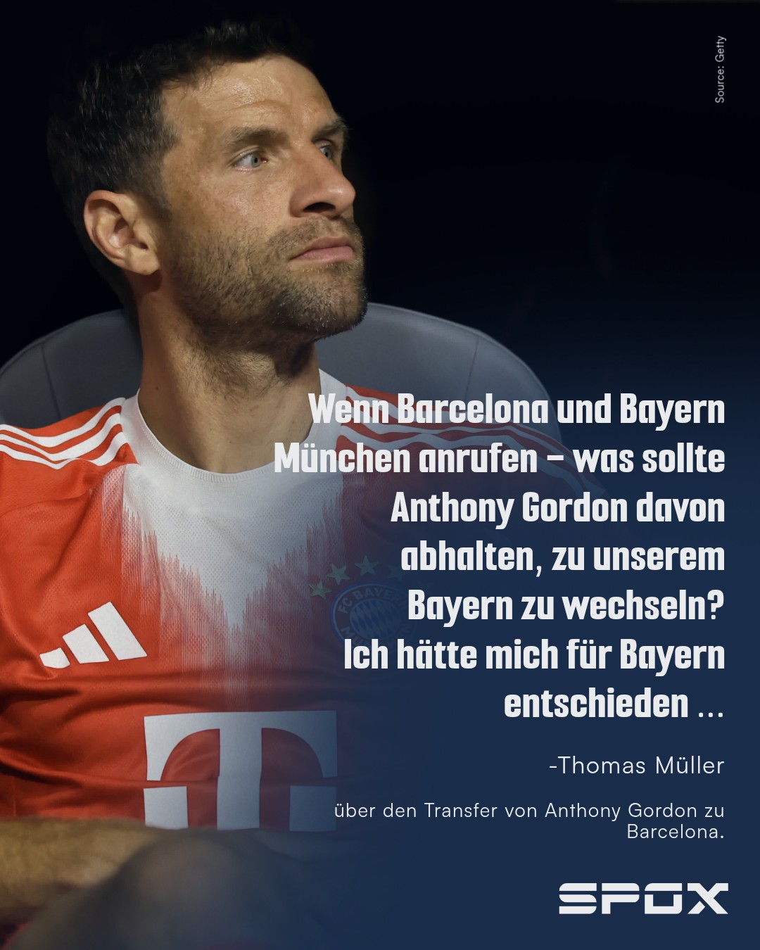 Thomas Müller macht keinen Hehl daraus: An Anthony Gordons Stelle hätte er Bayern München gegenüber Barcelona bevorzugt. 👀