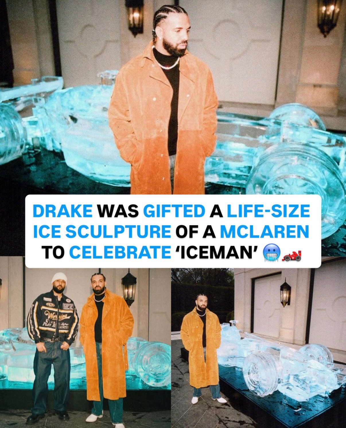 Drake was gifted a full-scale replica of legendary F1 driver Kimi Räikkönen’s iconic McLaren MP4-21 ice sculpture to celebrate the release of ‘ICEMAN’ 🧊

Räikkönen is a Formula 1 World Champion widely regarded as one of the sport’s most iconic drivers & holds the nickname “The Iceman”

The original ice sculpture was unveiled at the 2006 Monaco Grand Prix and became one of the most memorable visual tributes to his legendary nickname

📸: @ben_dorado @zong @spinzbeatsinc