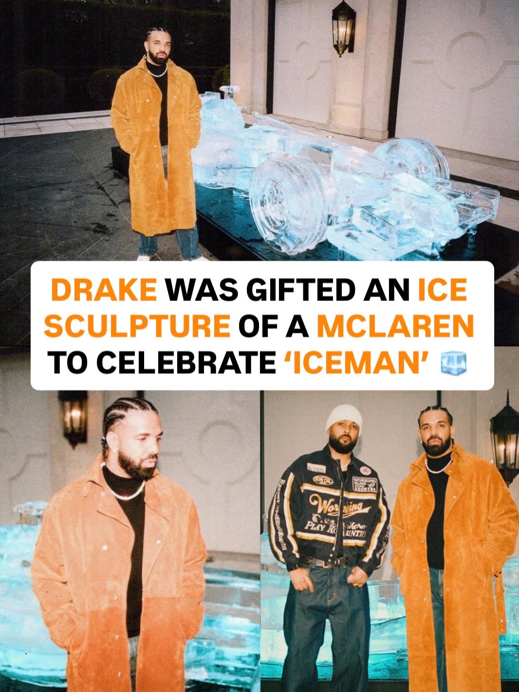 Drake was gifted a replica of F1 driver Kimi Räikkönen’s iconic McLaren MP4-21 ice sculpture to celebrate ‘ICEMAN’ 🧊

Räikkönen is a Formula 1 World Champion nicknamed “The Iceman” for his cool demeanor on the track 👀

The original ice sculpture was unveiled exactly 20 years ago, at the 2006 Monaco Grand Prix 🏎️

What do y’all think of the replica⁉️

📸: @spinzbeatsinc