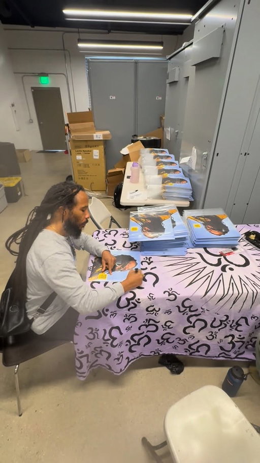 It’s Sunday Gideon is helping get this done  I’m signing a few hundred copies of BRIGHTSIDE VINYL for our friends @talkshoplive who I will be joining this Tuesday for a Live Zoom conversation 4pm. Hey people are you ready now? JAH