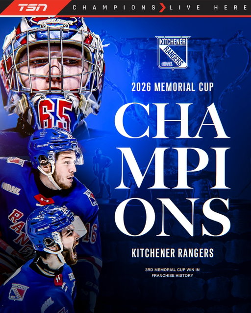 YOUR 2026 #MEMORIALCUP CHAMPIONS, THE KITCHENER RANGERS! 🏆🎉

Kitchener downs Everett 6-2 to earn its first Memorial Cup since 2003 😳