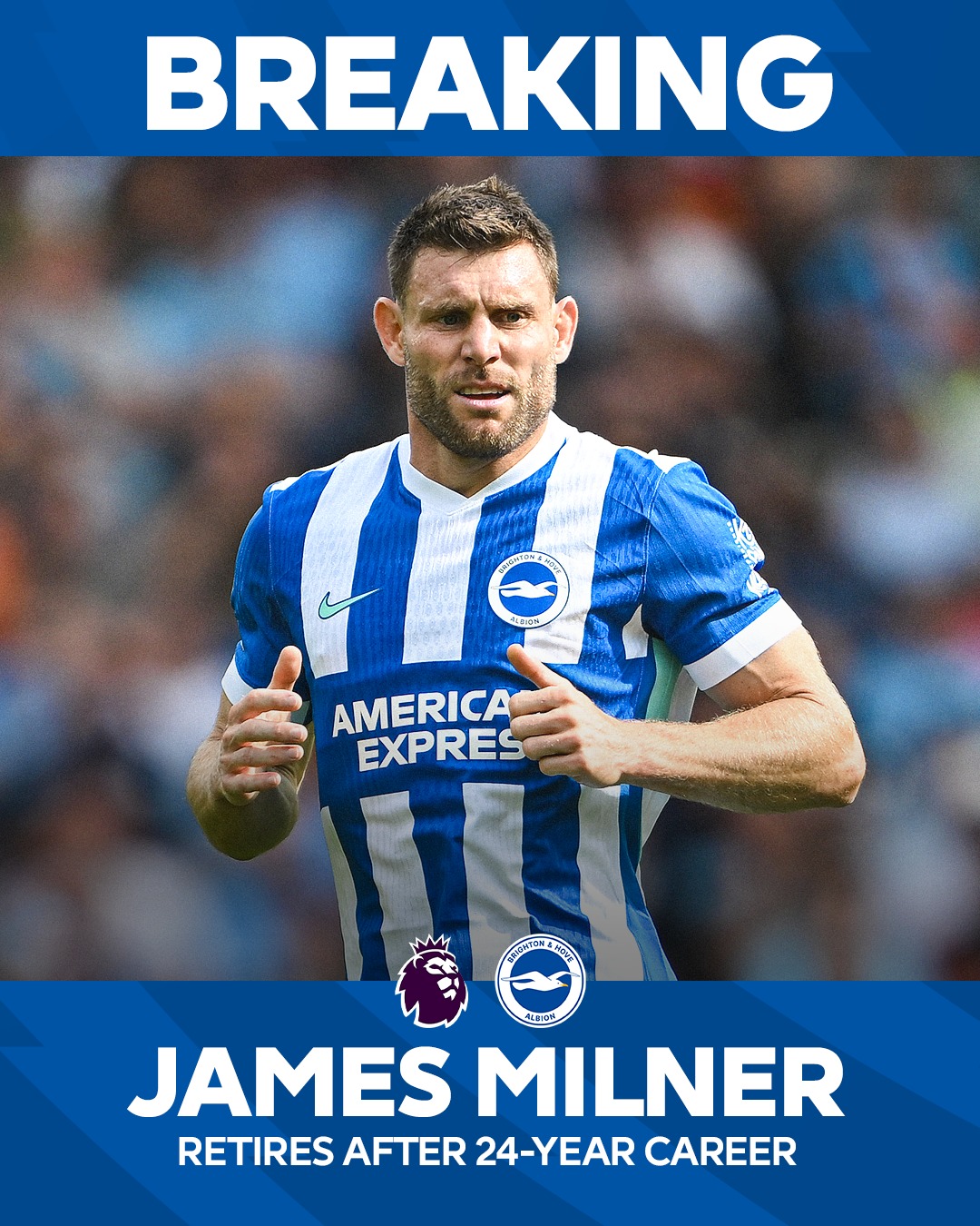 James Milner, who holds the record for most all-time Premier League appearances with 658, announces his retirement from professional football