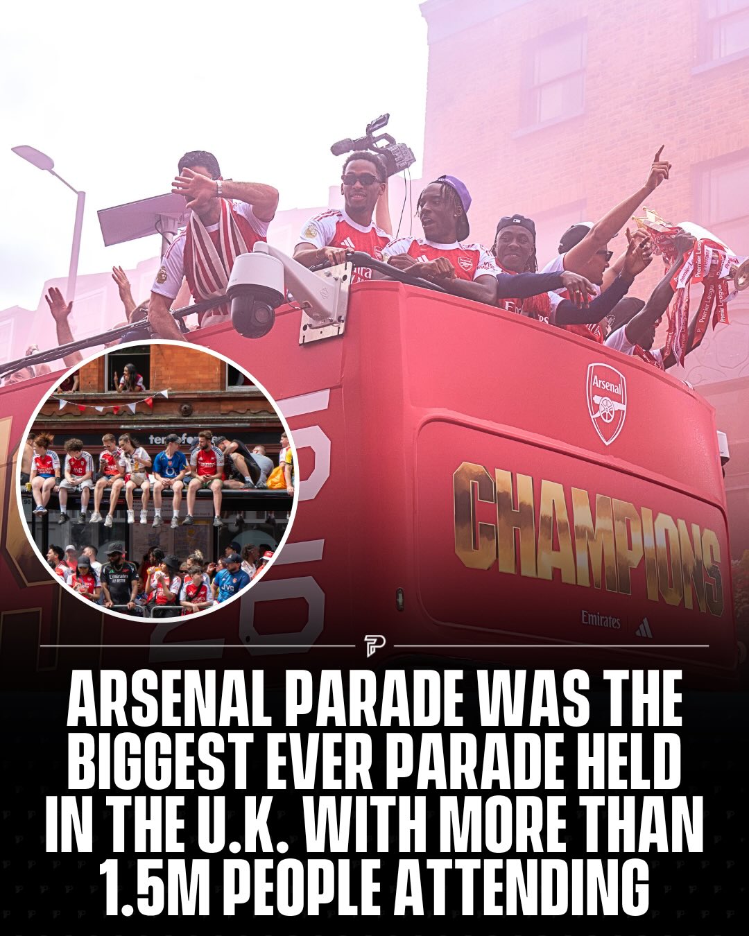 More than 1.5 million Arsenal fans reportedly lined the streets of North London on June 1, 2026, to celebrate the club’s Premier League title parade, making it one of the biggest football celebrations ever seen in the UK.

The five-mile route from Highbury to Finsbury Park was packed with supporters as players and staff shared the historic moment with fans. 🔴🏆

According to reports and Metropolitan Police estimates, the turnout could make it the largest parade in British history and one of the biggest ever for an English football club, highlighting the scale of Arsenal’s title-winning celebrations.

Via @bertugseyhan @esty.tomas

#pubity #viral #interesting