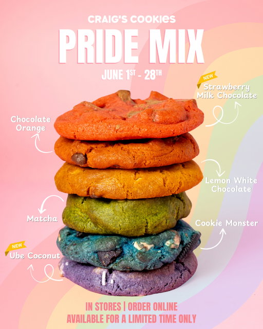 PRIDE never tasted so sweet! 🌈🍪⁠
⁠
Introducing our 2026 Pride Mix – a colourful celebration of love, individuality and community, featuring 6 vibrant flavours inspired by every shade of the rainbow:⁠
⁠
🩷 Strawberry Milk Chocolate⁠
🧡 Chocolate Orange⁠
💛 Lemon White Chocolate⁠
💚 Matcha⁠
💙 Cookie Monster⁠
💜 Ube Coconut⁠
⁠
Available for a limited time all Pride Month long, in-store and online. ⁠
⁠
Celebrate with cookies that are just as bold, bright and joyful as Pride itself 🏳️‍🌈✨⁠
