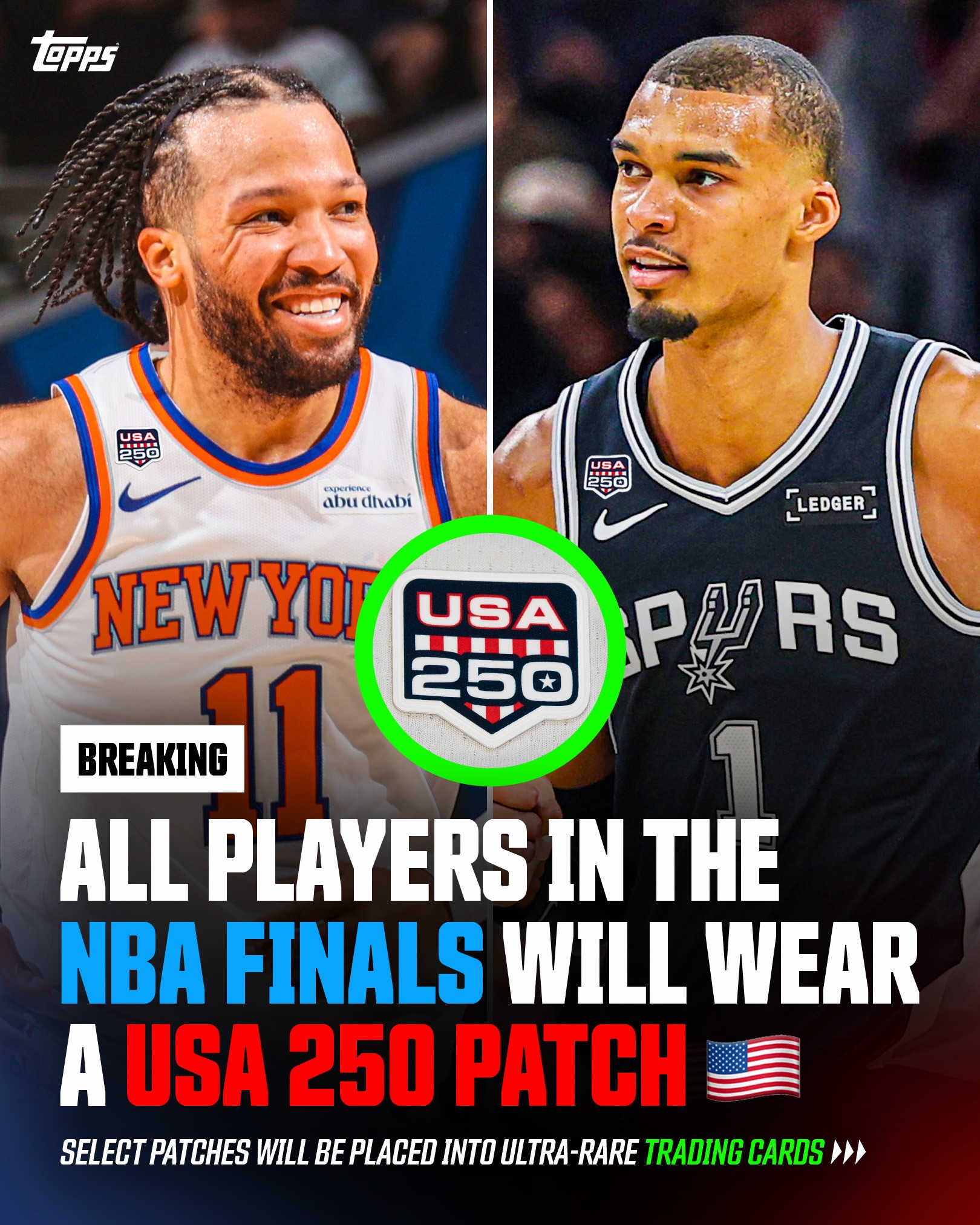 BREAKING: Every player in the 2026 NBA Finals will wear a USA 250 patch on their jersey.

The patches will be removed after each game, with select game-worn patches later featured inside ultra-rare trading cards 🔥

Follow @Topps to learn how you can own one of these historic cards 👀🇺🇸

The NBA family proudly continues its season-long celebration of America’s 250th anniversary. Through service and volunteerism, we’re honoring the spirit, resilience, and unity that have shaped our nation over the last two and a half centuries.