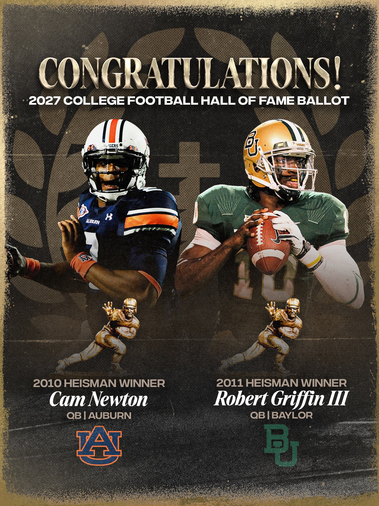 Congratulations to Heisman Trophy Winners @cam and @rgiii on being named on the 2027 @nffnetwork College Football Hall of Fame Ballot!