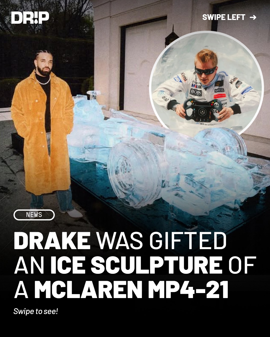 Drake received a replica ice sculpture inspired by Kimi Räikkönen’s legendary McLaren MP4-21 to honor ‘ICEMAN.’ 

Räikkönen, a Formula 1 World Champion, earned his nickname “The Iceman” for his ice cold presence on the track. The original sculpture was first revealed at the 2006 Monaco Grand Prix, exactly 20 years ago.

📸: @spinzbeatsinc