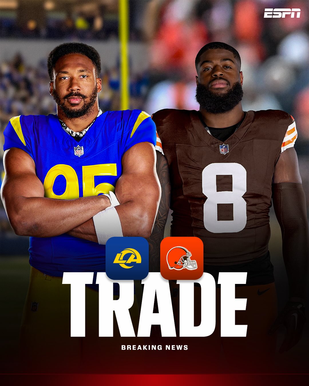 Breaking: The Browns are finalizing a trade that will send Myles Garrett to the Los Angeles Rams, sources tell @adamschefter, @rapsheet and @tompelissero. 

The Rams are expected to send Pro-Bowl edge Jared Verse, a 2027 first-round pick and other draft-pick compensation still being negotiated to the Browns.