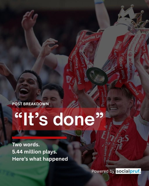 @arsenal ‘s title-winning moment was captured in just two words by the @premierleague 🏆⚽️❗️

5.44M plays. 453K likes. 8.37% engagement — all in under 24 hours 🔥

Moments like this don’t go viral by accident. When culture, sentiment, and content align — the numbers follow and @getsocialpruf helps you understand what drove them.

📊 Follow @getsocialpruf to see the data behind moments like this, or book a demo using the link in bio❗️

#arsenal #premierleague #socialmediagrowth #getsocialpruf #socialmedia