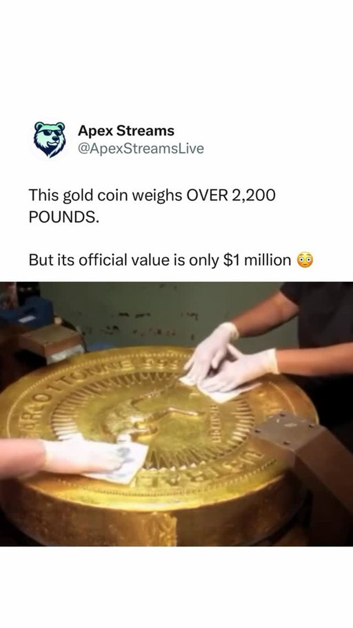 The world’s largest gold coin was created by The Perth Mint in Australia using 99.99% pure gold.

It weighs over 2,200 pounds and is made from an entire metric tonne of gold.

Today, the coin’s actual gold value is worth tens of millions of dollars 😳