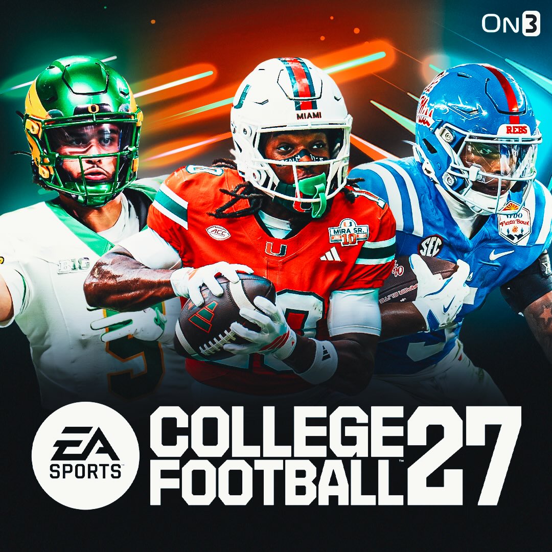 The College Football 27 cover will feature Oregon QB Dante Moore, Miami WR Malachi Toney, and Ole Miss RB Kewan Lacy, Pete Nakos reports🎮

The official cover is set to be released tomorrow.

Follow @On3 for the BEST of College Sports