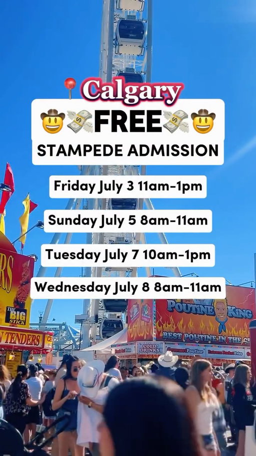 💯 COMPLETELY FREE ENTRY TIMES 2026 💸

These are the dates/times you can walk into the Stampede Grounds no charge! 🚶‍♀️

(💰Regular admission is $28 a person)

Save this post, so you can save you and your friends each $28!

Cheers!

YYC Sociables, Calgary Explorers 🧭

p.s. 📩 𝒔𝒆𝒏𝒅 to a friend to save them some money!

—————————————-

✨follow @yyc.sociables for upcoming money saving Stampede hacks! 💸