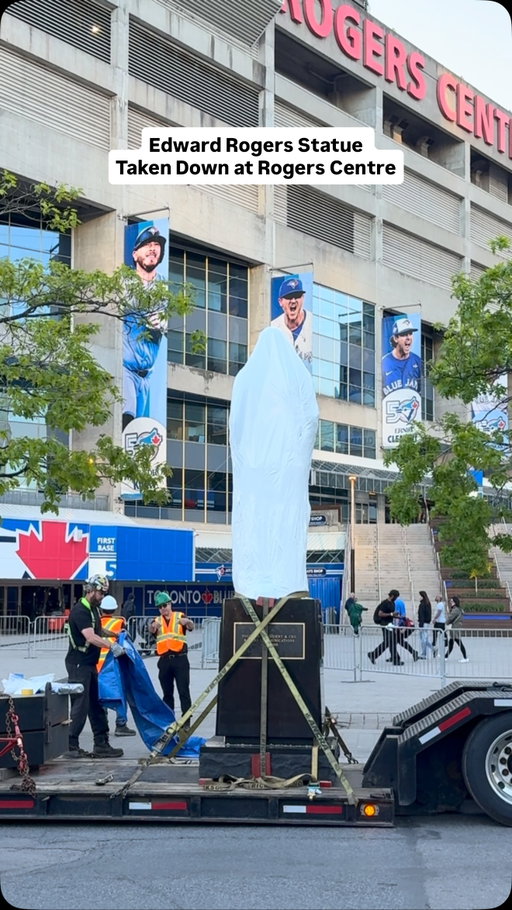 ITS HAPPENING! The Ed Rogers statue is coming down as we await the JOE CARTER statue outside Rogers Centre!

#Toronto #BlueJays #Rogers #JoeCarter #MLB