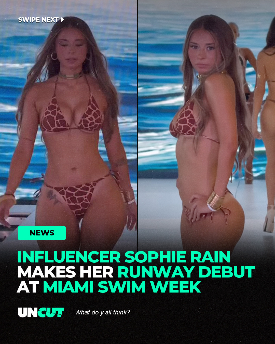 Sophie Rain made her runway debut at Miami Swim Week, adding “runway model” to her growing résumé 👙✨⁠
⁠
The internet personality walked in her first-ever Swim Week show and quickly drew attention from fans online 🏊‍♀️⁠
⁠
What do y’all think⁉️👀