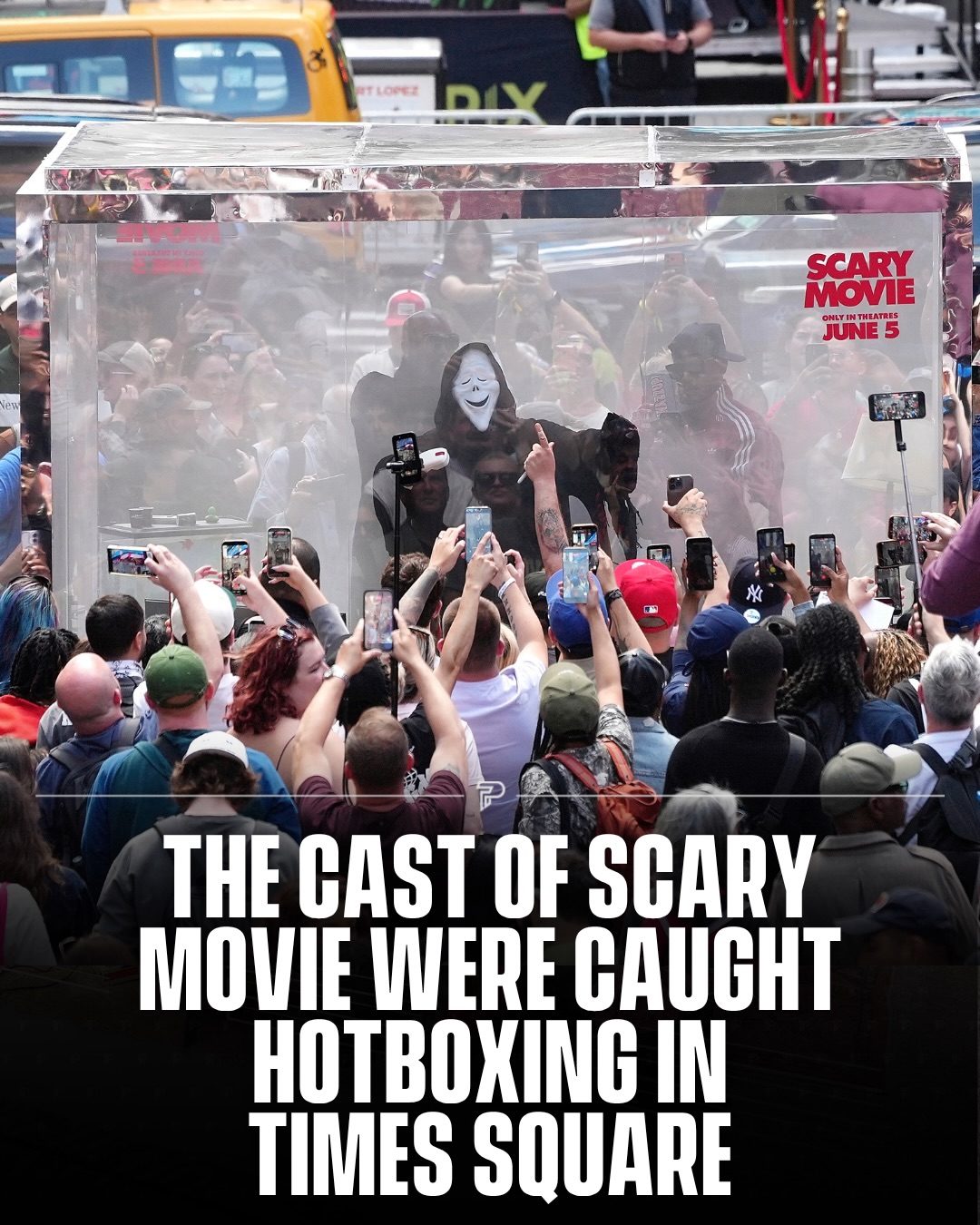 The cast of Scary Movie 6 was caught hotboxing in NYC’s Times Square in a giant glass box 😶‍🌫️.

Thousands of fans surrounded the box, unsure what could possibly be going on inside a giant Scary Movie 6 glass box.
Members of the cast like Anna Faris, Ghostface, and the Wayans bros showed up to the giant hotbox and watched the original movie while enjoying the 💨🍃.

The vibes were immaculate, and all of Times Square was taken right back to the year 2000. Ghostface even did the classic “Wazzzup!?” call to people while in the box.

Scary Movie 6, which follows the first one now 26 years later, arrives in theaters on June 5th.

@marlonwayans, @therealdjsw1, @annafaris

#Pubity #ParamountPartner #ScaryMovie #WayansBros