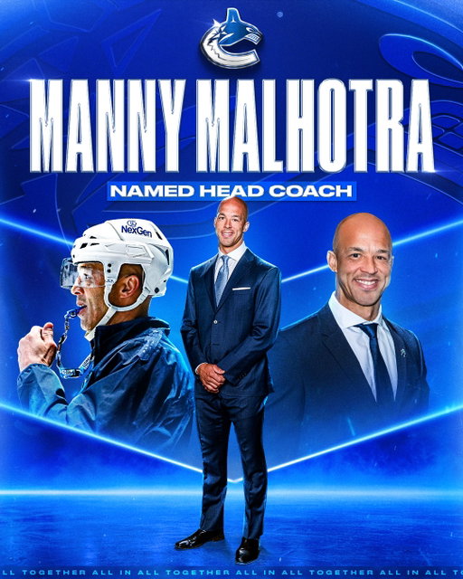 WELCOME COACH MANNY!

General Manager Ryan Johnson announced today that the Canucks have hired Manny Malhotra as the 23rd Head Coach in franchise history.