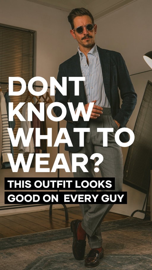 If you don’t know what to wear to a business casual event, this classic look will never fail. The combination of mid grey trousers, a blue striped shirt and navy blazer is a classic menswear look that will always have you well dressed and stylish. The only outfit more classic than this might be the same look with cream trousers. But I can’t make that call, so I’ll let you decide instead. 

#menstyleguide #mensfashiontips #capsulewardrobe