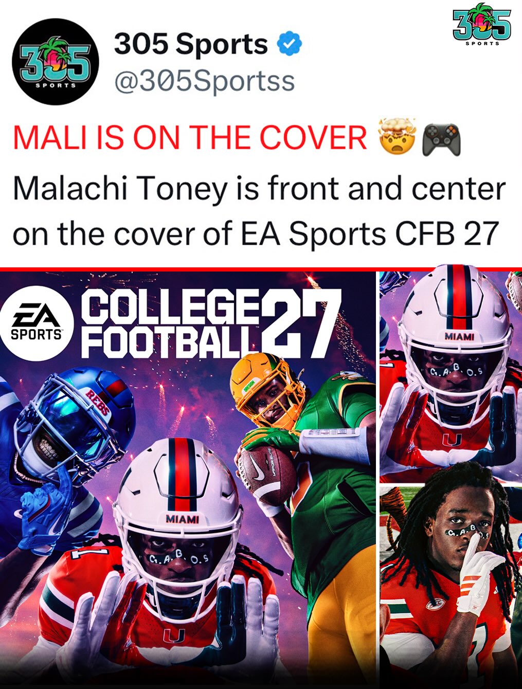 FACE OF THE GAME. MALI RUNS IT 🤩🍿 @malitoney10 

Miami WR Malachi Toney is front and center as the cover athlete for EA Sports College Football 27.