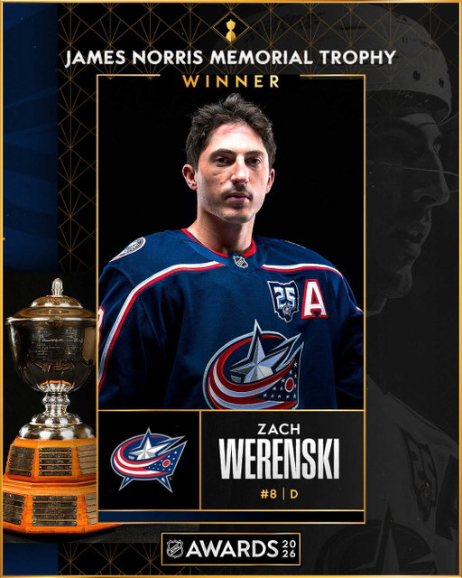 🗣️ ZACH WERENSKI IS A NORRIS TROPHY WINNER

The James Norris Memorial Trophy is presented annually to the defenseman who demonstrates the greatest all-around ability in his position. 👏 #NHLAwards