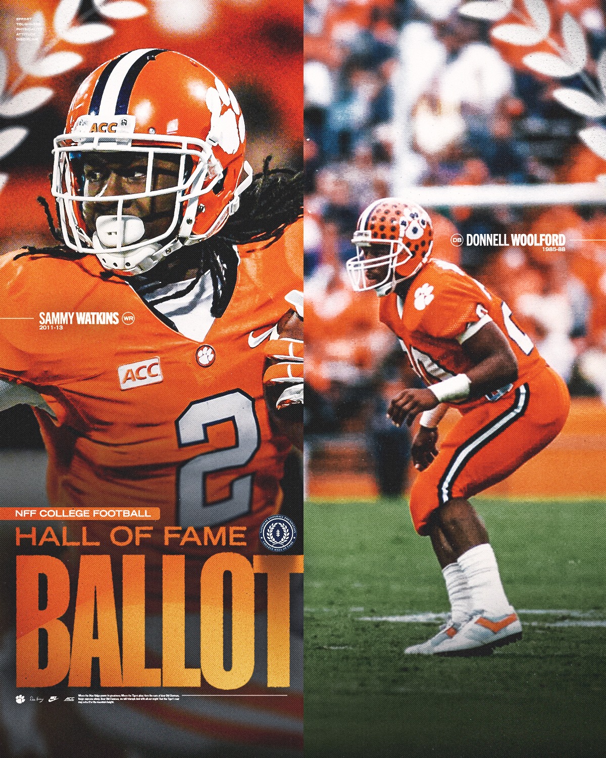 Two Clemson legends are one step closer to college football immortality. Sammy Watkins has joined returning nominee Donnell Woolford among the 80 FBS candidates on the ballot for the @nffnetwork College Football Hall of Fame's 2027 induction class.
