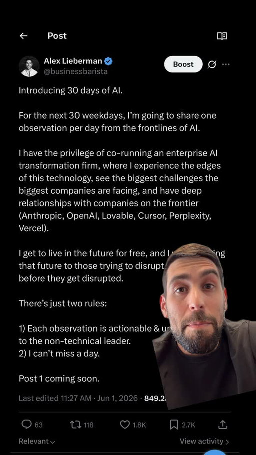 Introducing 30 days of AI.

For the next 30 weekdays, I’m going to share one observation per day from the frontlines of AI.

I have the privilege of co-running an enterprise AI transformation firm, where I experience the edges of this technology, see the biggest challenges the biggest companies are facing, and have deep relationships with companies on the frontier (Anthropic, OpenAI, Lovable, Cursor, Perplexity, Vercel).

I get to live in the future for free, and I want to bring that future to those trying to disrupt themselves before they get disrupted. 

There’s just two rules:

1) Each observation is actionable & understandable to the non-technical leader.
2) I can’t miss a day.

Post 1 coming soon.

#startup #ai #tech #30daysofai
